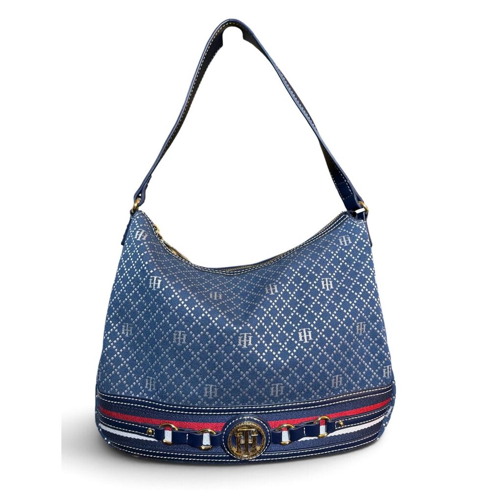 Tommy Hilfiger Navy Blue Monogram Hobo Shoulder Bag Gold Logo Zip Purse